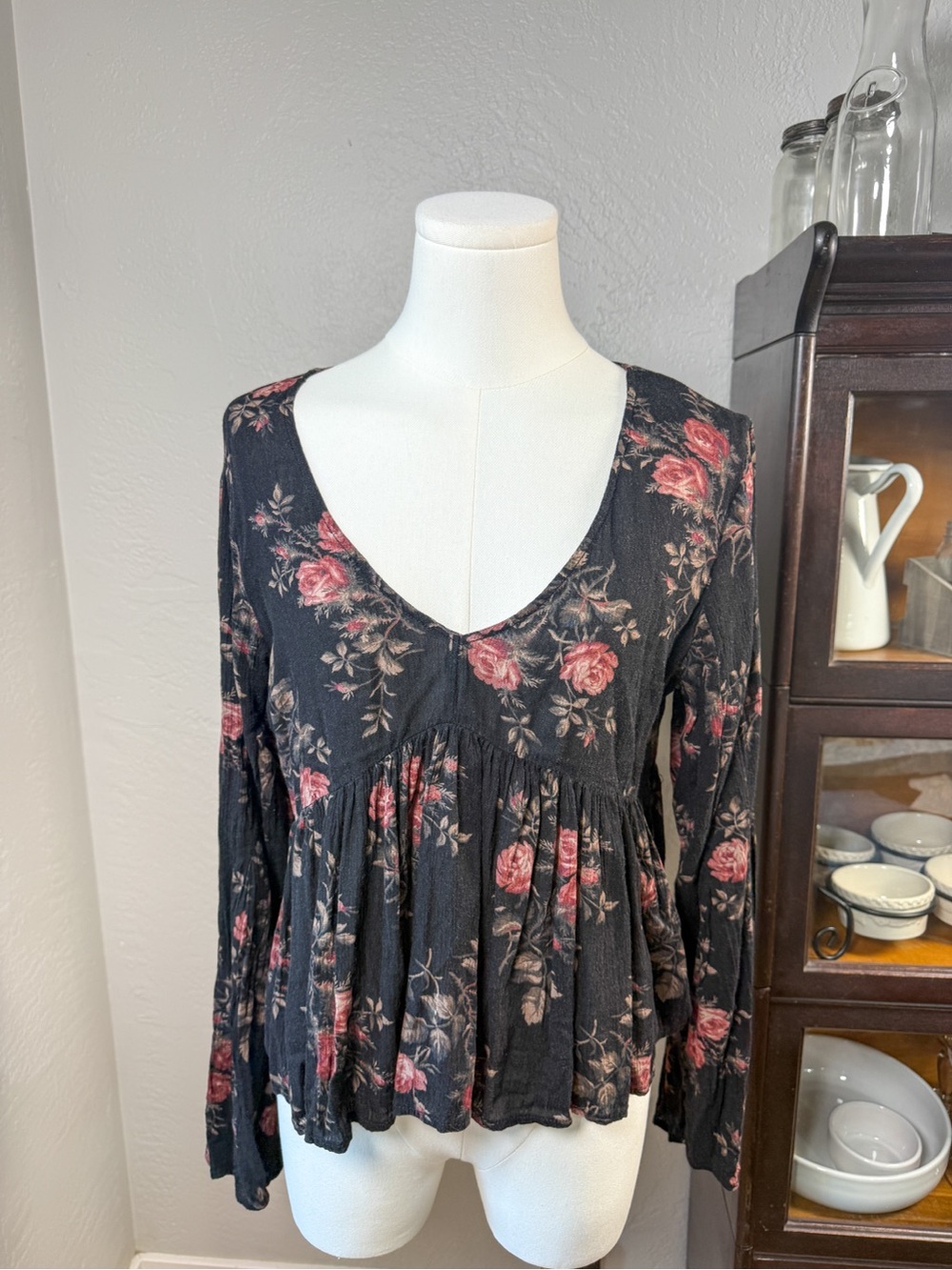 Denim & Supply Ralph Lauren Floral Peplum Boho Top Black Rose Size L